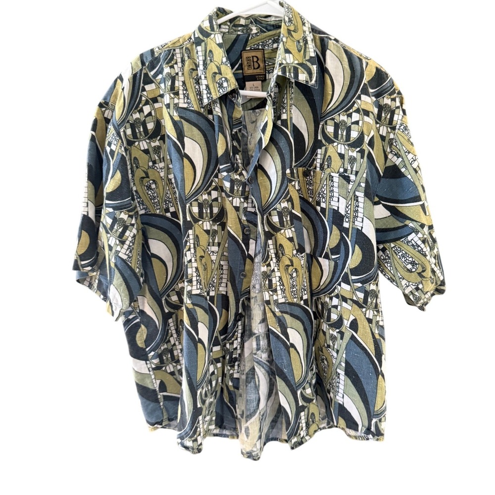 Bruno Mens Linen Cotton Abstract Geometric Print Short Sleeve Button Up‎ Shirt L